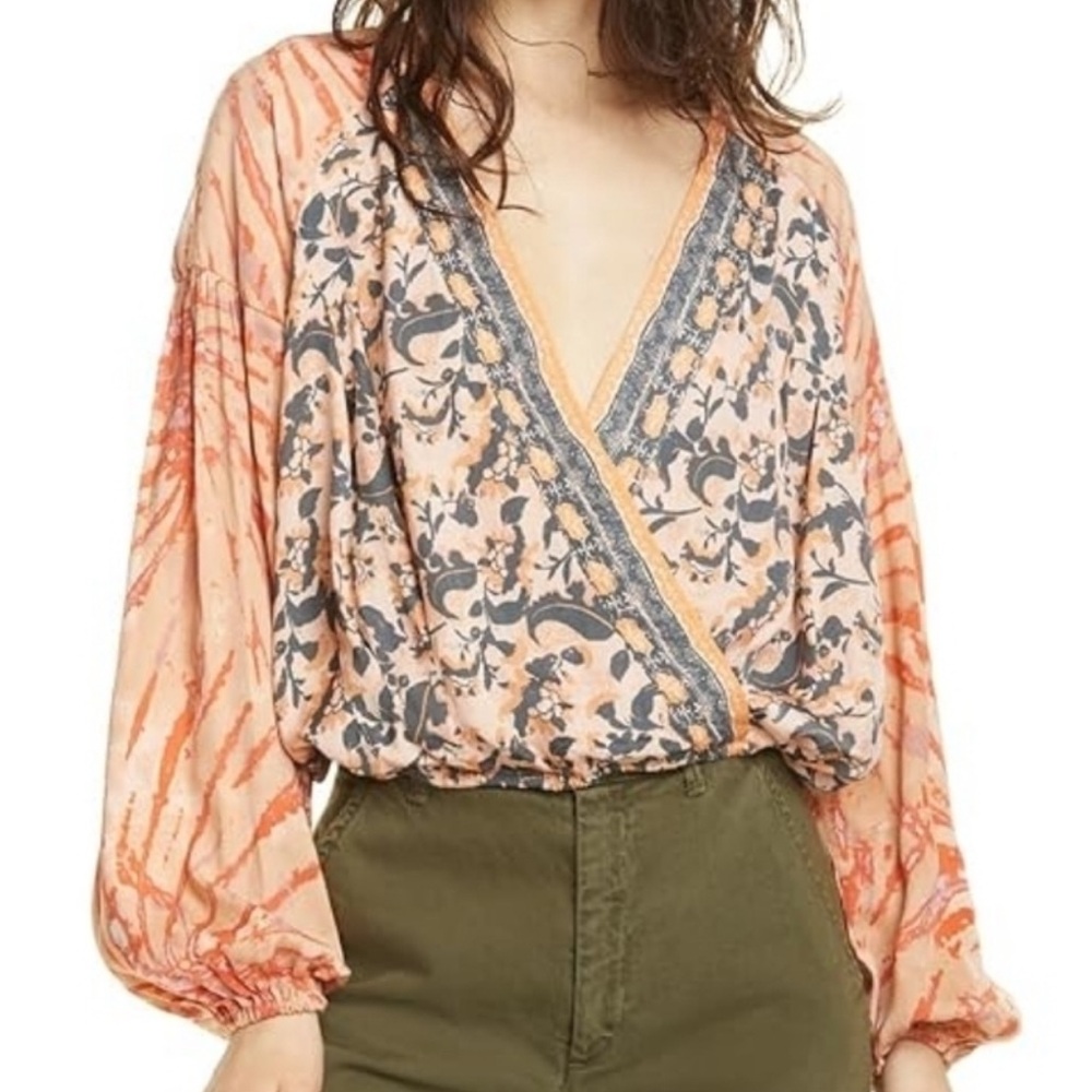 Floral V-Neck Blouse - Peach and Gray